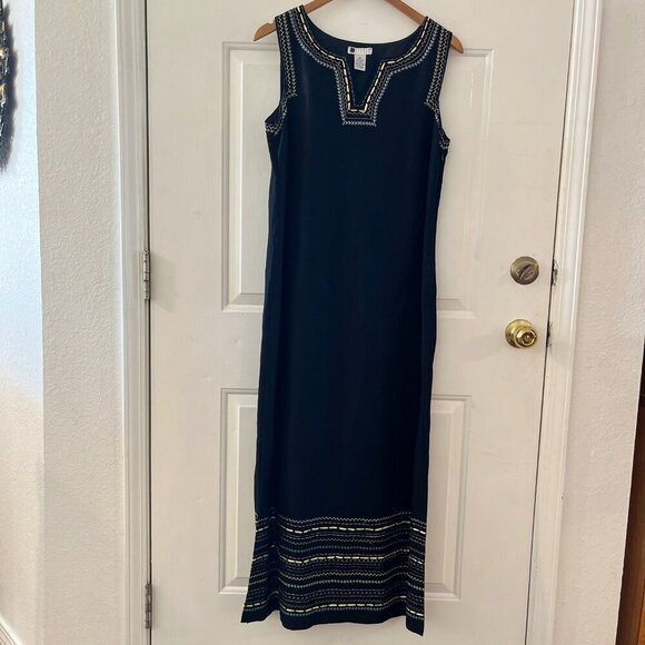 Carol Little Woman's Black Embroidered Bohemian Linen Maxi Dress Sz 10 - Picture 2 of 11